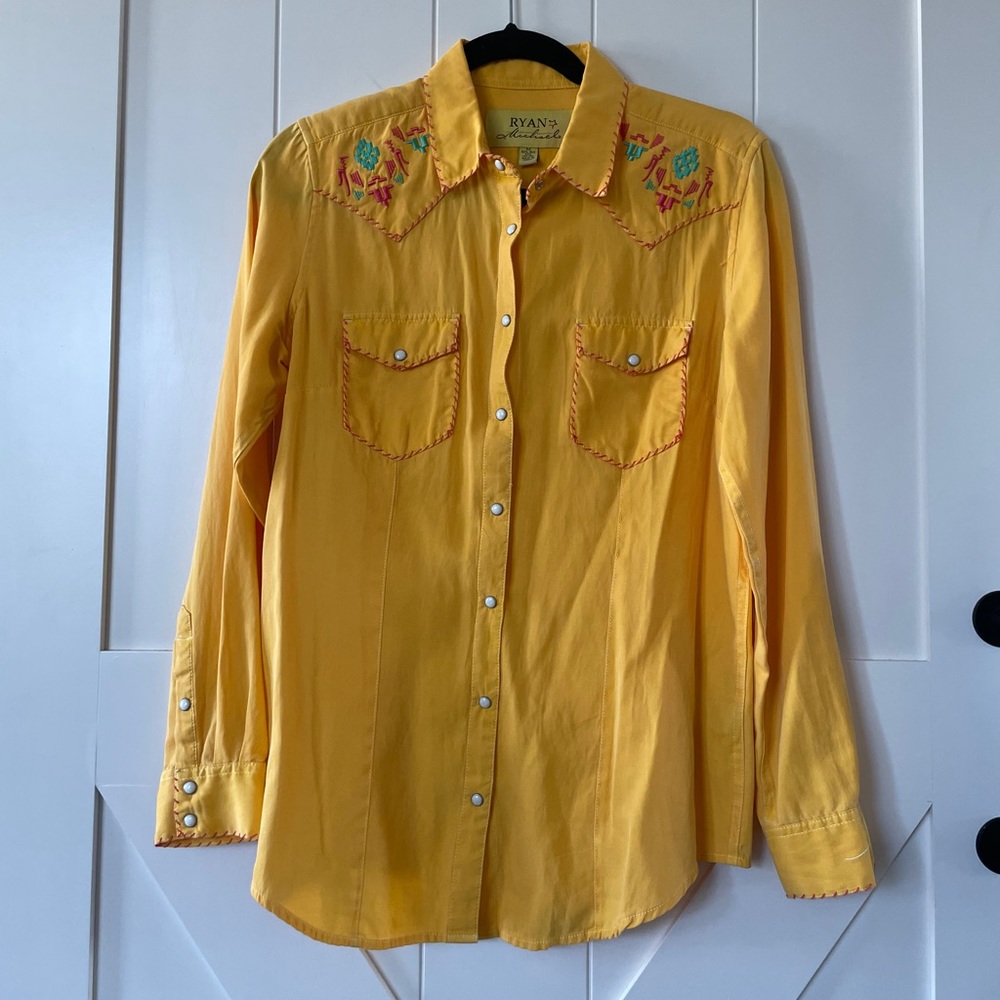 RYAN MICHAEL SILK WOMENS PEARL SNAP BLOUSE MEDIUM
